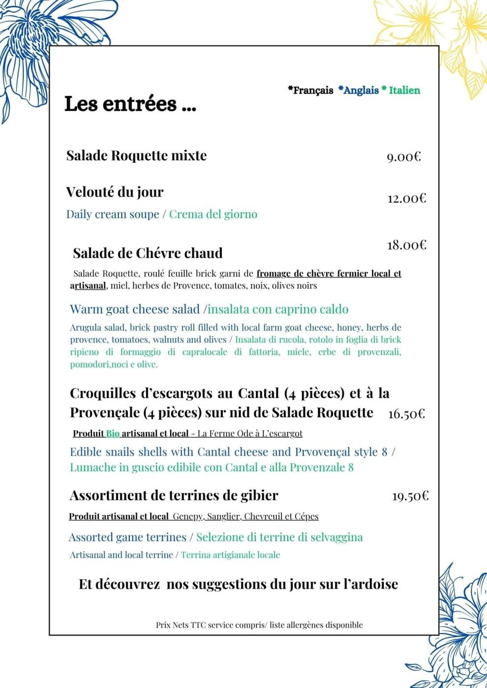 Starters menu at Ô Délices