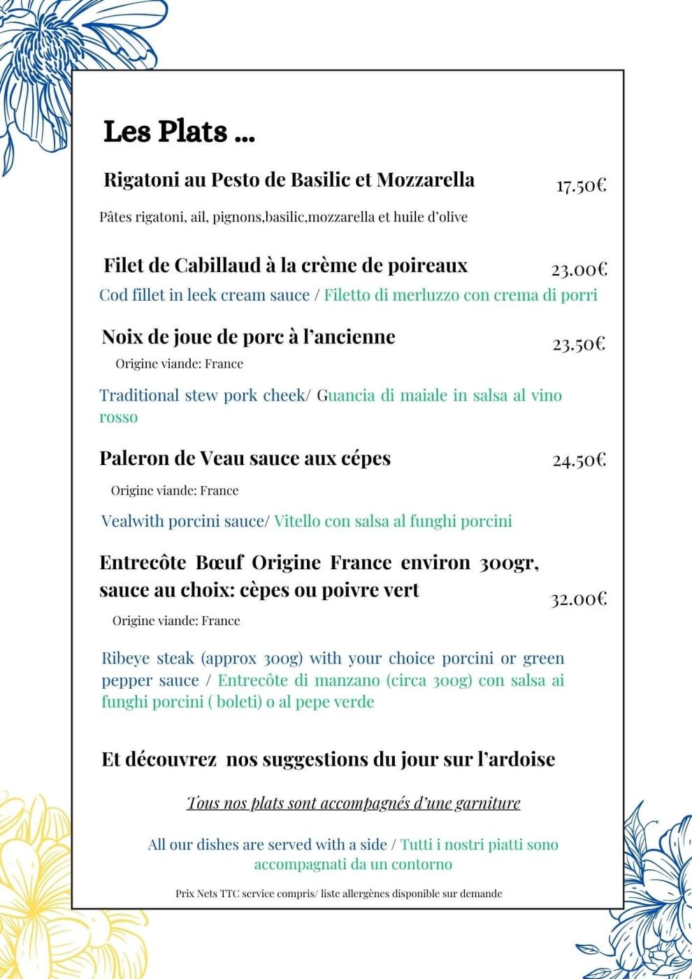 Main courses menu at Ô Délices